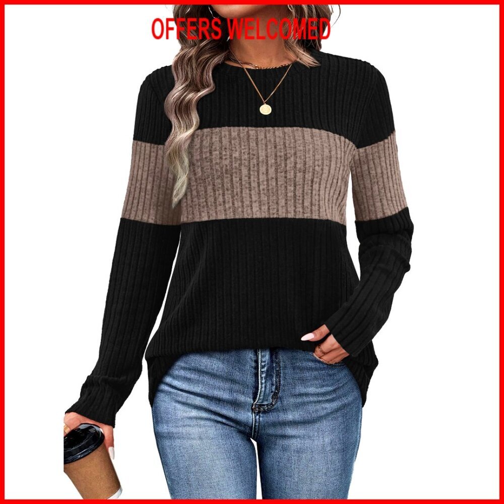 Long Sleeve Pullover Sweater Color Block Design Lightweight Fall Winter